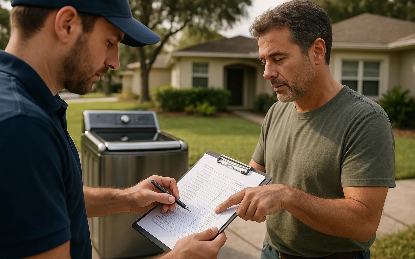 Technician reviewing service checklist with homeowner before appliance repair appointment