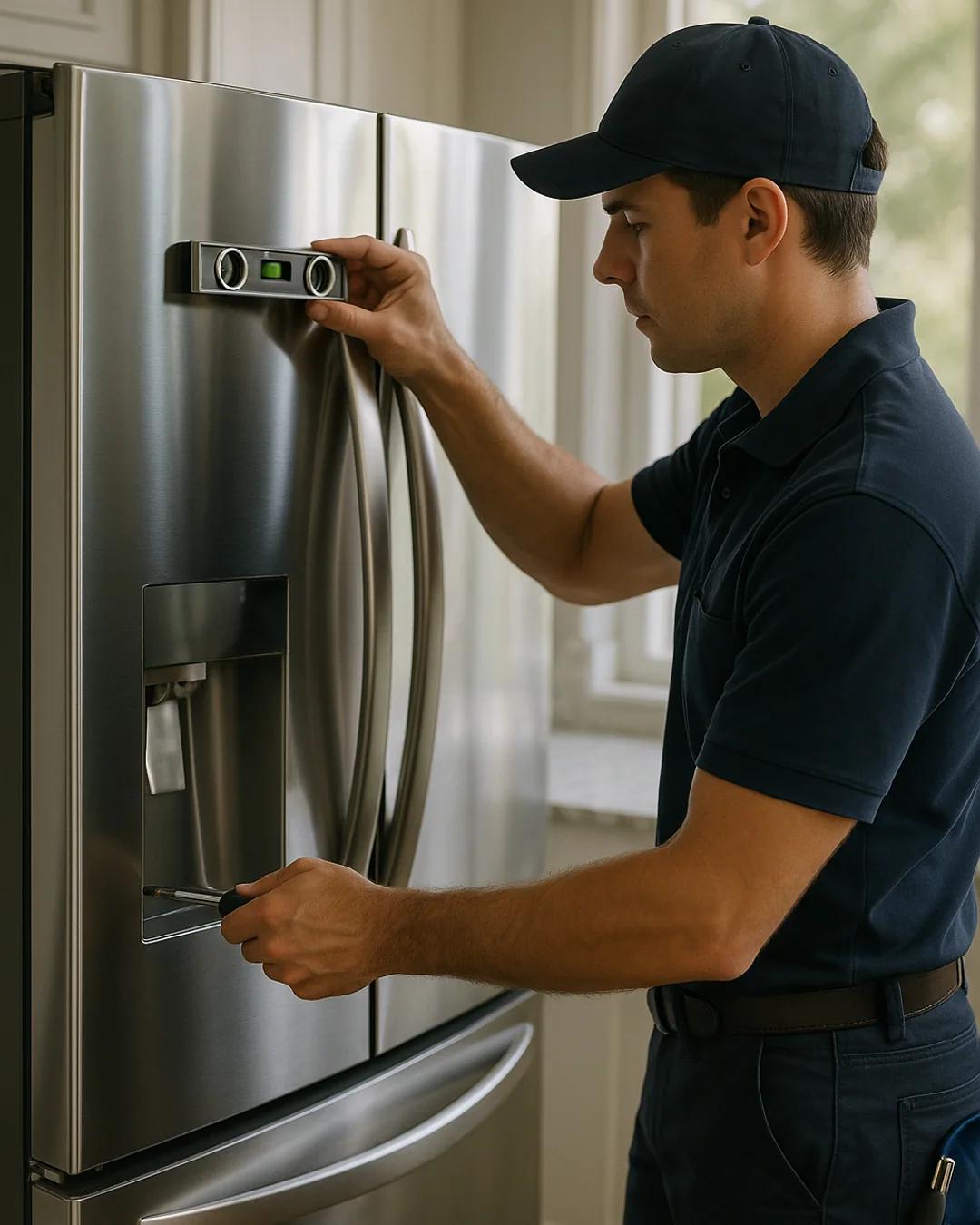 Certified appliance technician calibrating a premium kitchen refrigerator in a bright Central Florida home